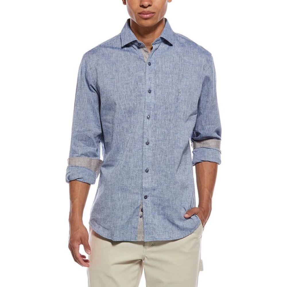Tailorbyrd Mens  Yarn Dyed Melange Linen-Blend Shirt, Blue
